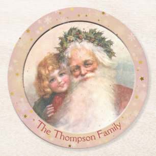 Old Fashioned Santa Claus and Little Girl Round Paper Coaster