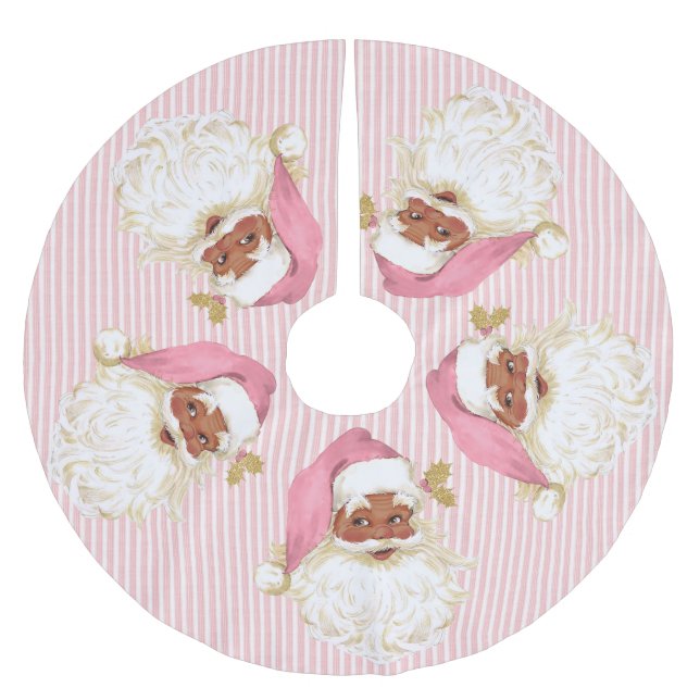 Old Fashioned Santa Claus Pink Stripe Brushed Brus Polyester Tree Skirt (Front)
