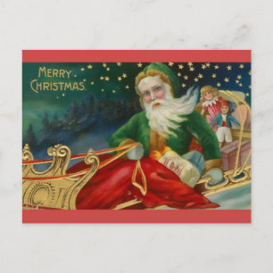 Old Fashioned Santa in Green and Fur in Sleigh Postcard