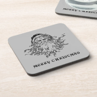 Old-Fashioned Santa Merry Christmas Grey Plastic Coaster