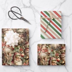 Old Fashioned Santa's With Wreaths Wrapping Paper Sheet