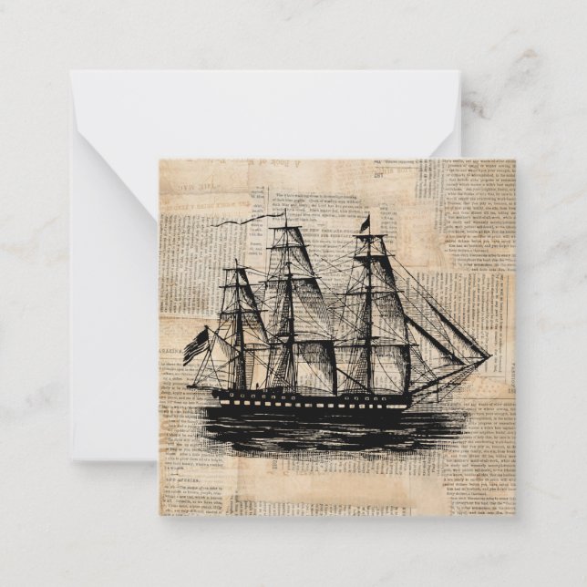 Old Fashioned Ship Art Vintage Newspaper Style Card (Front)
