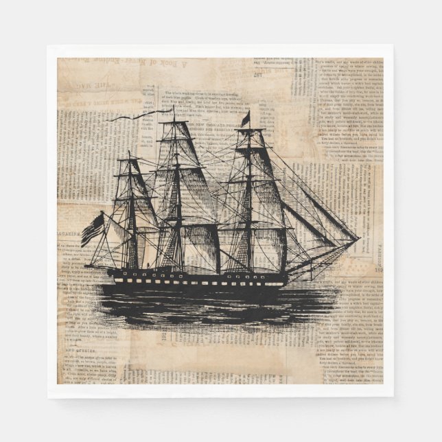 Old Fashioned Ship Art Vintage Newspaper Style Napkin (Front)