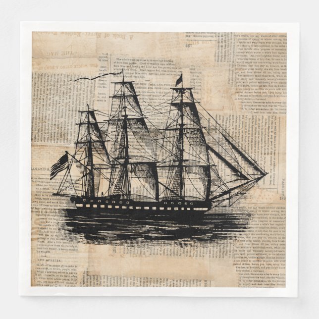 Old Fashioned Ship Art Vintage Newspaper Style Napkin (Front)