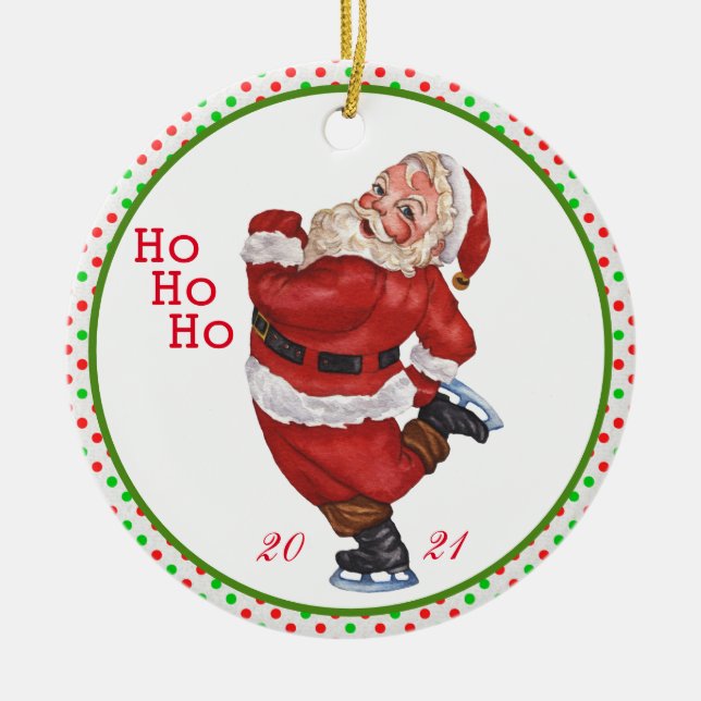 Old Fashioned Skating Santa Claus Personalized Ceramic Tree Decoration (Front)