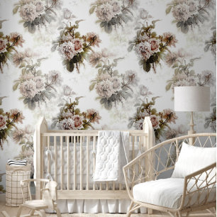 Old fashioned soft rose grey pink bouquet pattern wallpaper