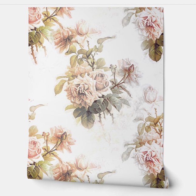 Old fashioned soft rose pink bouquet pattern flora wallpaper (Unrolling)