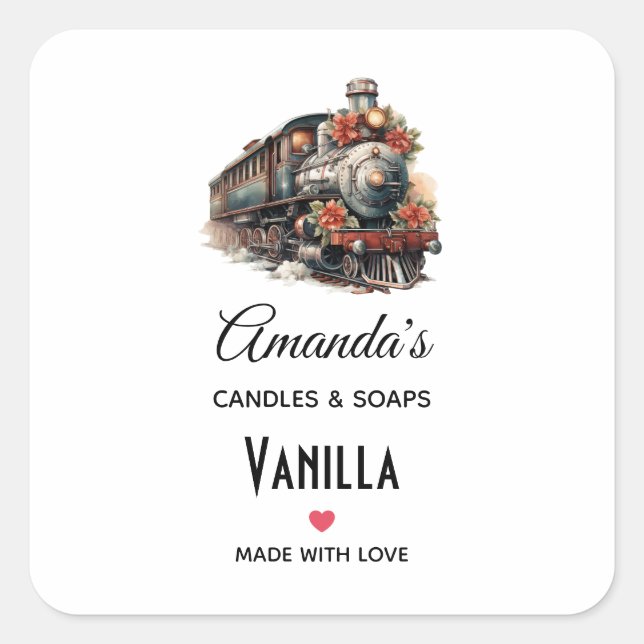 Old-Fashioned Steam Train Retro Christmas Candle Square Sticker (Front)