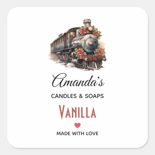 Old-Fashioned Steam Train Retro Christmas Candle Square Sticker (Front)
