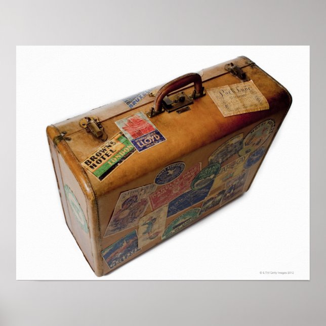 old fashioned suitcase with travel stickers poster (Front)