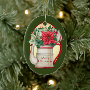 Old fashioned tea pot with poinsettias Christmas  Ceramic Tree Decoration