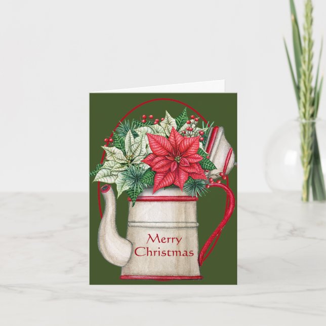 Old fashioned tea pot with poinsettias Christmas Holiday Card (Front)