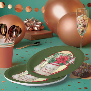 Old fashioned tea pot with poinsettias Christmas  Paper Plate
