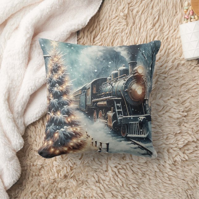 Old-Fashioned Train and Vintage Winter Scene Cushion (Blanket)