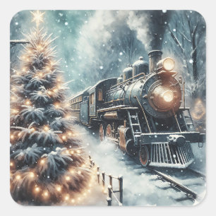 Old-Fashioned Train and Vintage Winter Scene Square Sticker