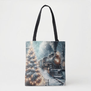 Old-Fashioned Train and Vintage Winter Scene Tote Bag