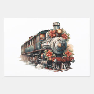 Old-Fashioned Train Retro Christmas Wrapping Paper Sheet