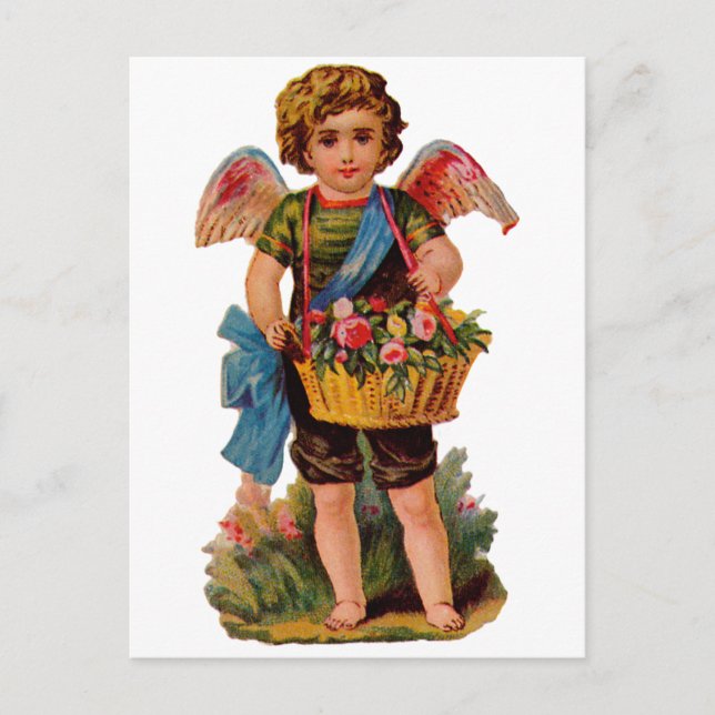 Old Fashioned Valentine Cupid With Roses Holiday Postcard (Front)