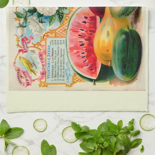 Old fashioned vegetable fruit flower seed advertis tea towel (Folded)