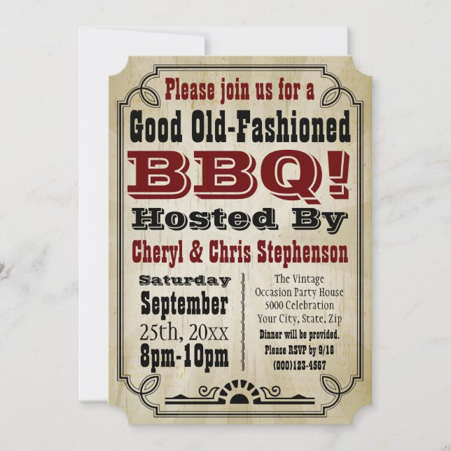 Old-Fashioned Vintage Country BBQ Barbeque Party Invitation (Front)