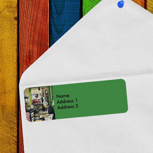 Old Fashioned Vintage Home Christmas (Old fashioned Holiday dinner in Grandmas kitchen on green return address labels.)