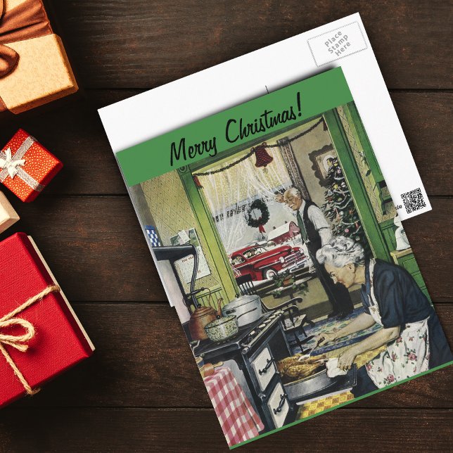 Old Fashioned Vintage Home Christmas Postcard (Vintage Sale Ad from 1940's Grandma Cooking Christmas Turkey in old Time kitchen on postacard.)