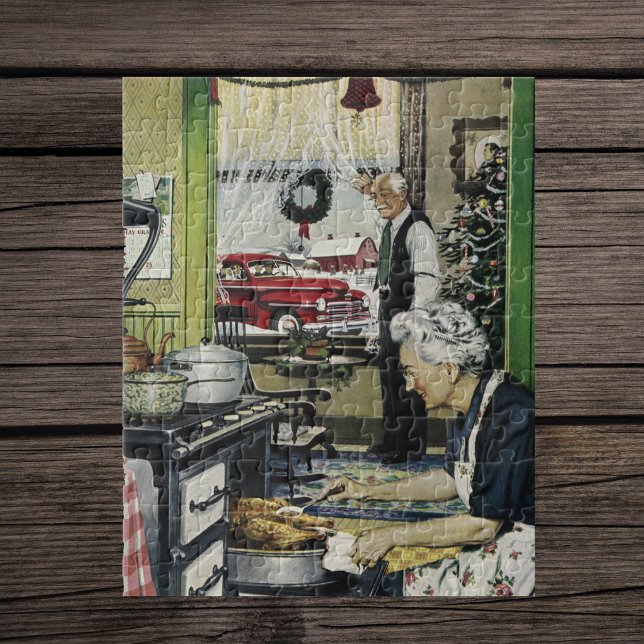 Old Fashioned Vintage Home Kitchen Christmas Jigsaw Puzzle (Vintage holiday image of grandma cooking turkey dinner in 1940's kitchen on jigsaw puzzle.)