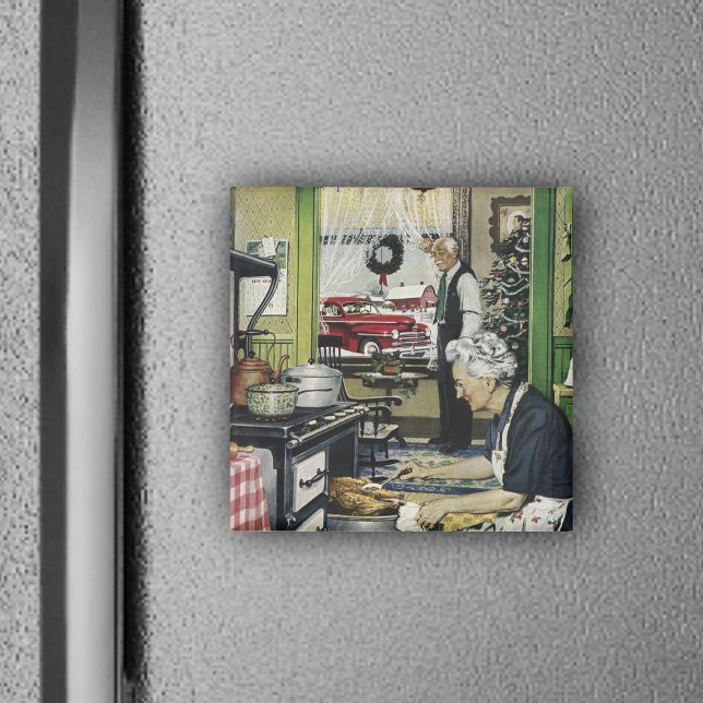 Old Fashioned Vintage Home Kitchen Holiday Magnet (Holiday turkey dinner in vintage Grandma Kitchen on Christmas or Thanksgiving magnet.)