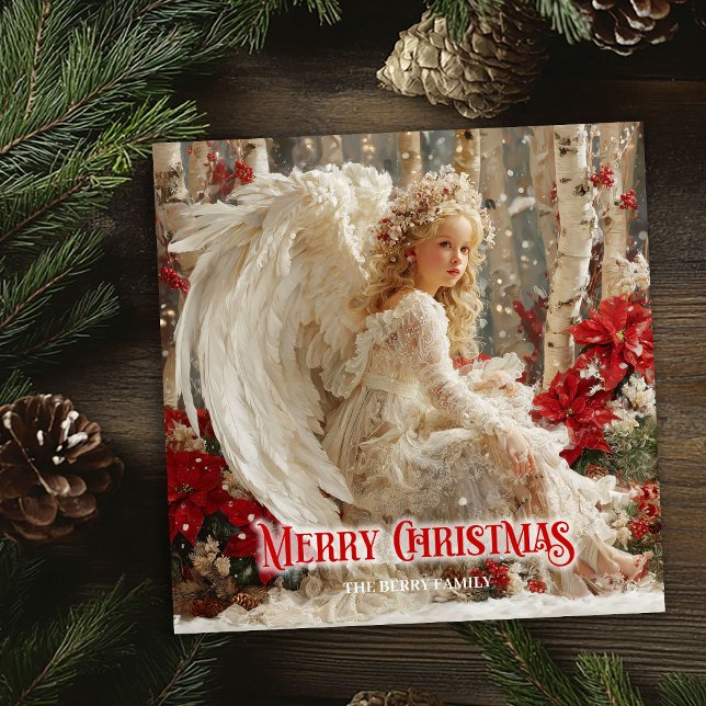 Old fashioned watercolor red white Christmas cards (Vintage Christmas angel editable holiday greeting card)