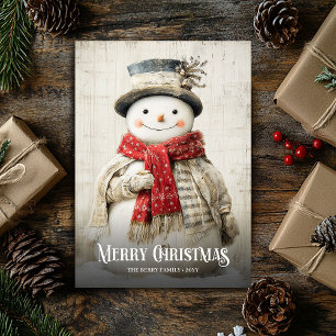 Old Fashioned Watercolor Red White Vintage Snowman Holiday Card