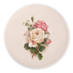 Old Fashioned White/Pink Roses-Buff Background Ceramic Knob