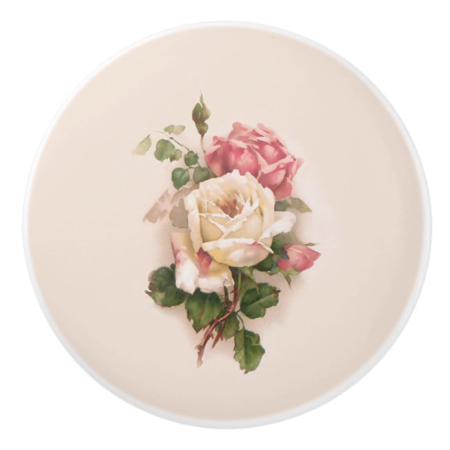 Old Fashioned White/Pink Roses-Buff Background Ceramic Knob (Front)