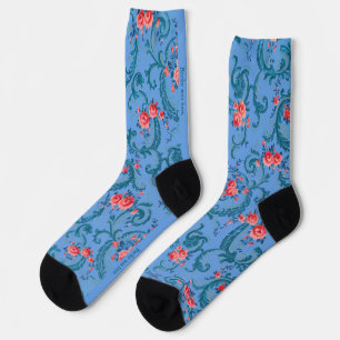 Old Floral Wallpaper in Blue and Red Socks