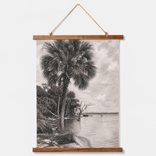 Old Florida Shoreline Graphite Sketch | Rockledge Hanging Tapestry (Front)