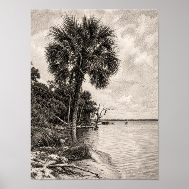 Old Florida Shoreline Graphite Sketch | Rockledge Poster (Front)