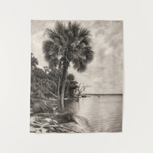 Old Florida Shoreline Graphite Sketch Rockledge Tapestry