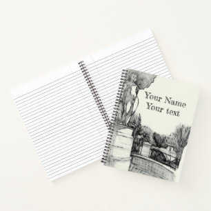 Old fountain in the park with sculpture boy notebook