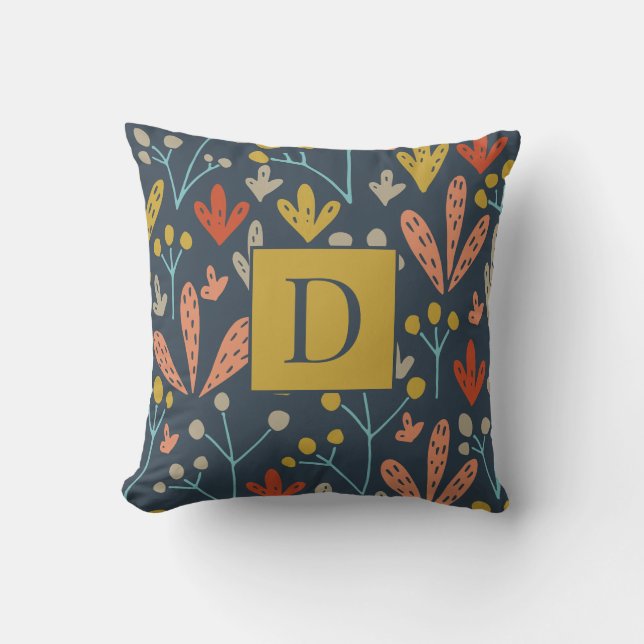 Old Gold Floral Pattern Modern Monogram Cushion (Front)