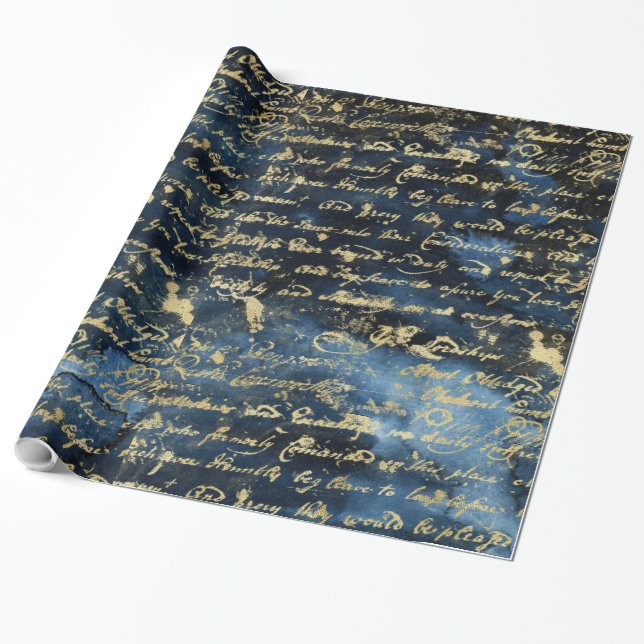 Old Gold Script Navy Blue Wrapping Paper (Unrolled)