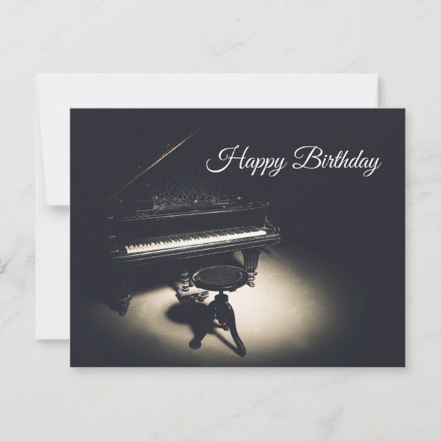 Old grand piano happy birthday holiday card (Front)