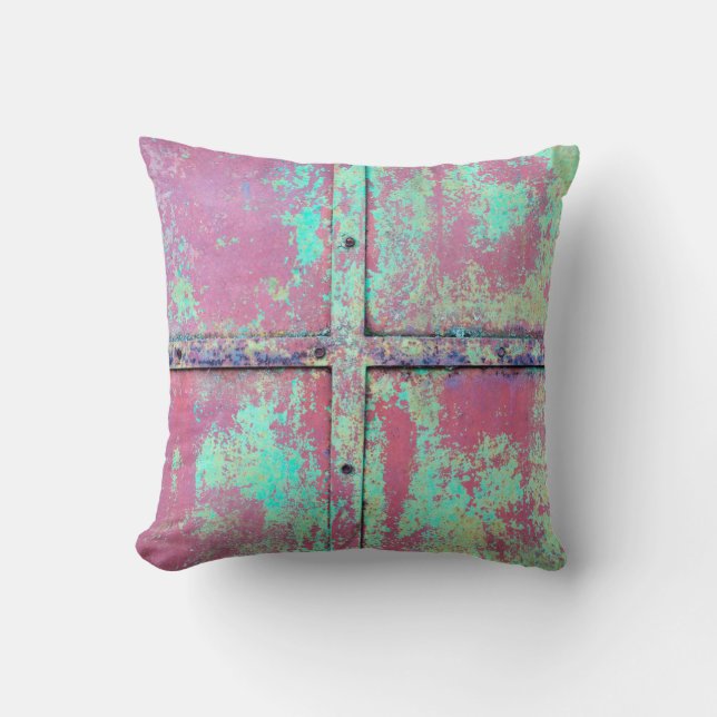 Old green painted wall with rust texture. Grunge r Cushion (Front)