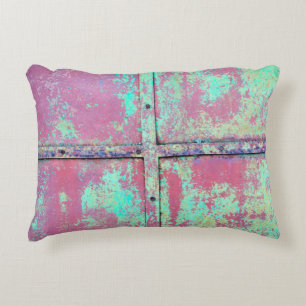 Old green painted wall with rust texture. Grunge r Decorative Cushion
