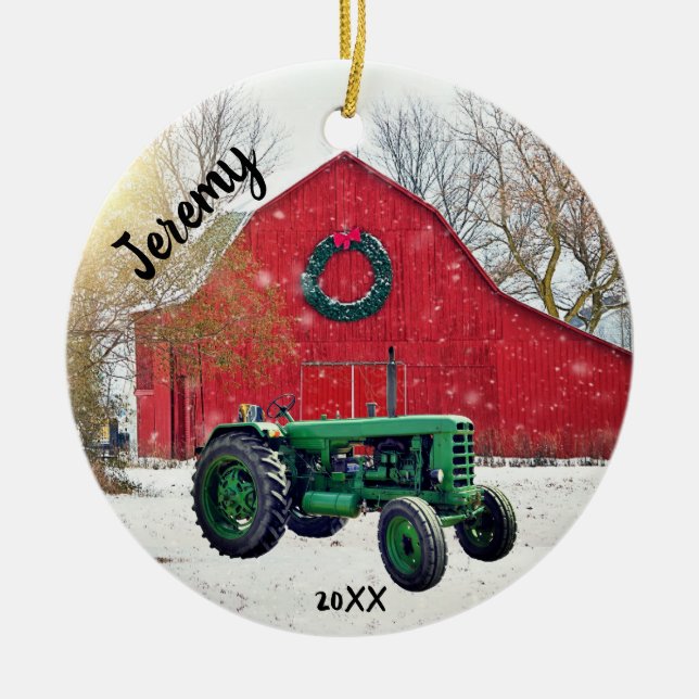 Old Green Tractor Christmas   Ceramic Tree Decoration (Front)
