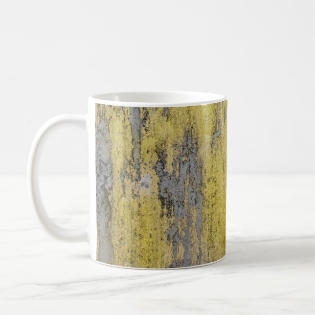 Old grey concrete wall with peeling yellow paint.  coffee mug (Left)