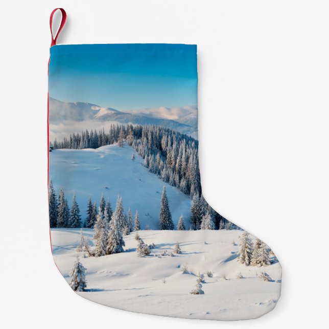 Old grunge wooden texture or background with termi small christmas stocking (Front)