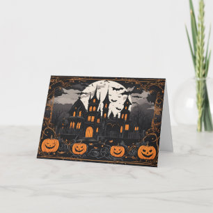 Old Halloween Haunted Mansion and Pumpkins Holiday Card