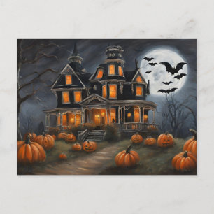Old Halloween House and Pumpkins  Holiday Postcard