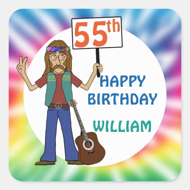 Old Hippie Hippy Tie Dye 55th Birthday Party Square Sticker (Front)