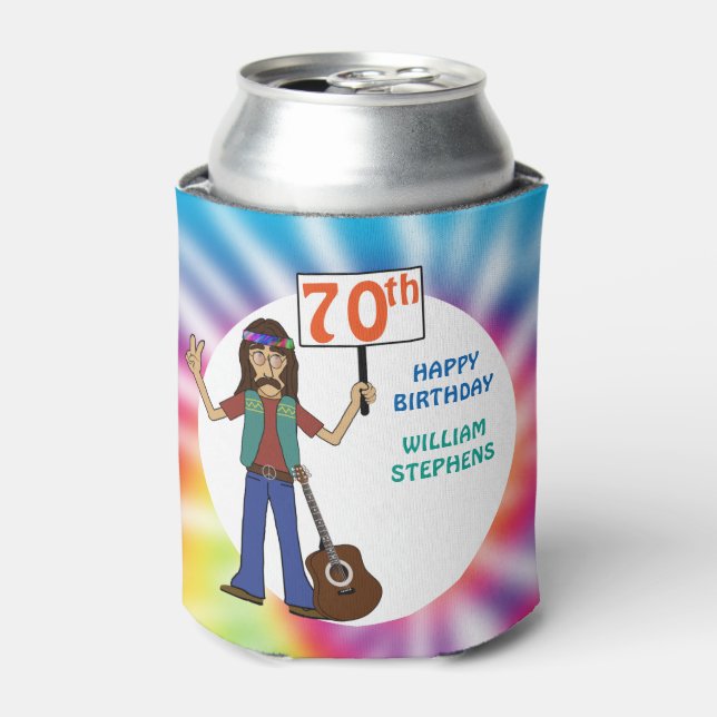 Old Hippie Hippy Tie Dye 70th Birthday Party Can C Can Cooler (Can Front)