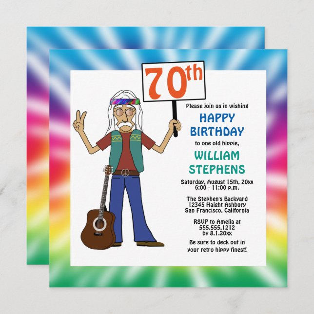 Old Hippie Hippy Tie Dye 70th Birthday Party Invit Invitation (Front/Back)